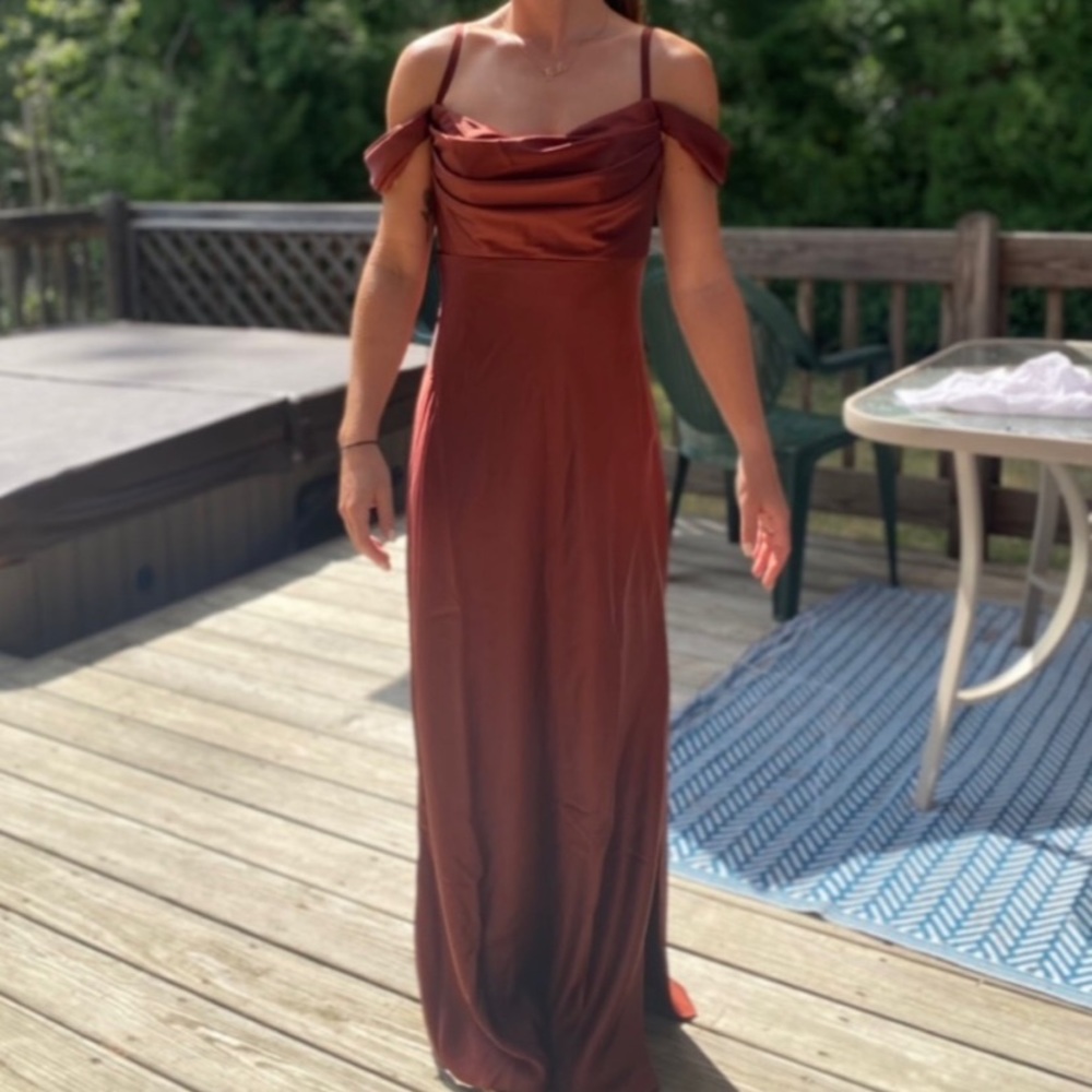 Revelry terracotta bridesmaid dress satin